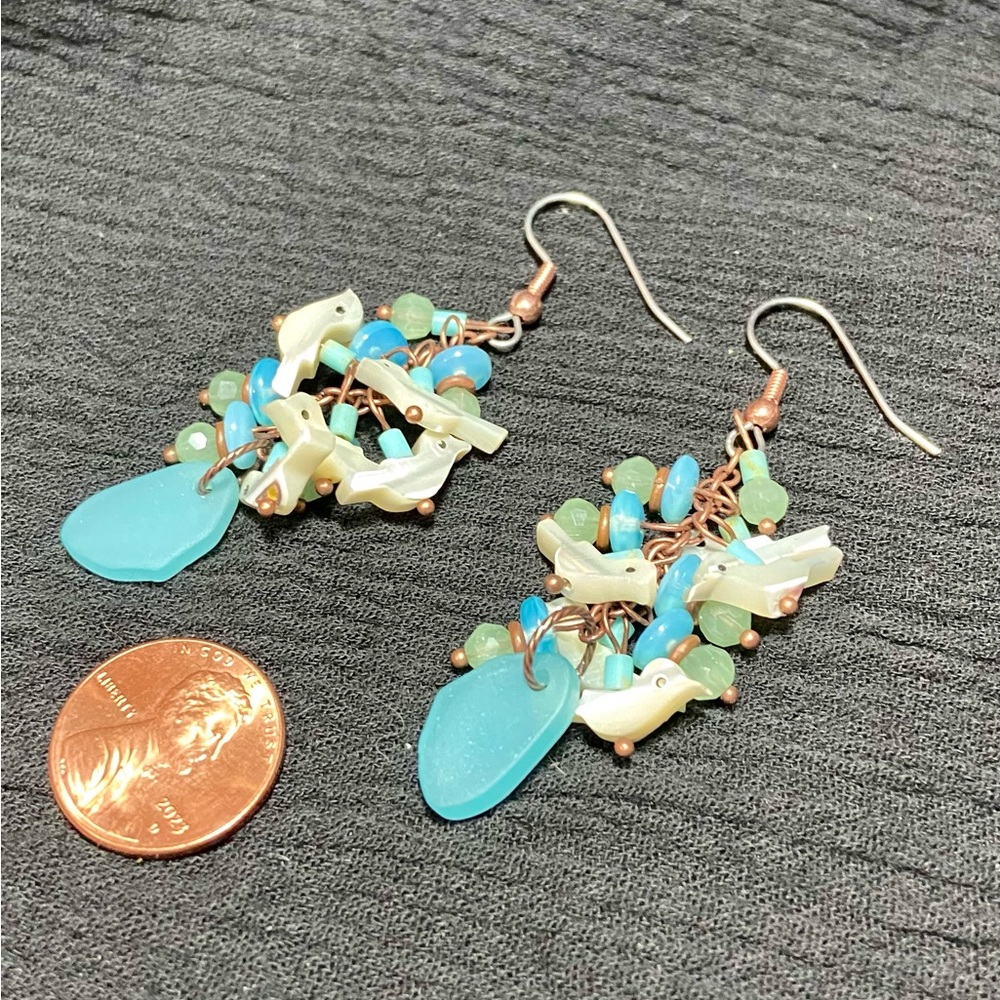 Seabirds Earrings Artisan Sea Glass Mother of Pearl - Picture 2 of 2